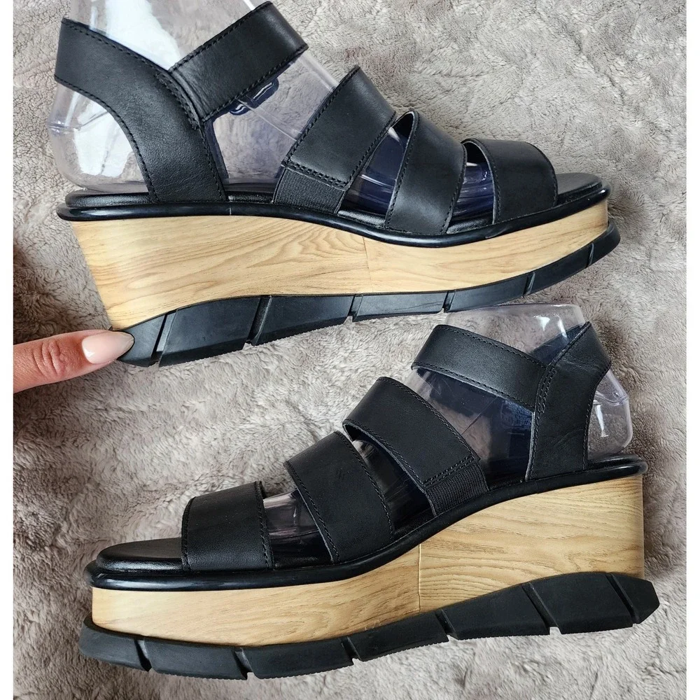 Sorel Joanie III Black Ankle Strap Leather Wedge Sandals Womens 8.5 1986121010